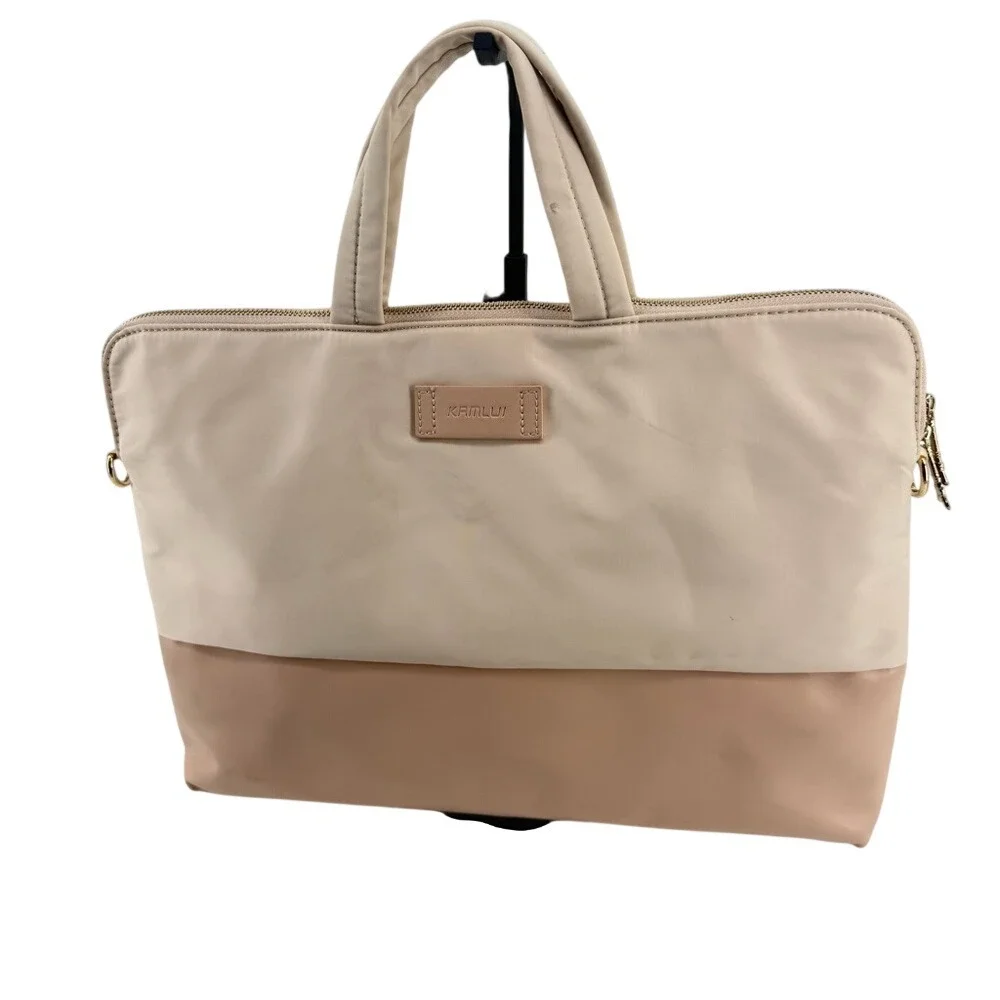 Kamlui Two Tone Beige Tan Nylon‎ Laptop Messenger Bag with Eiffel Tower Charm